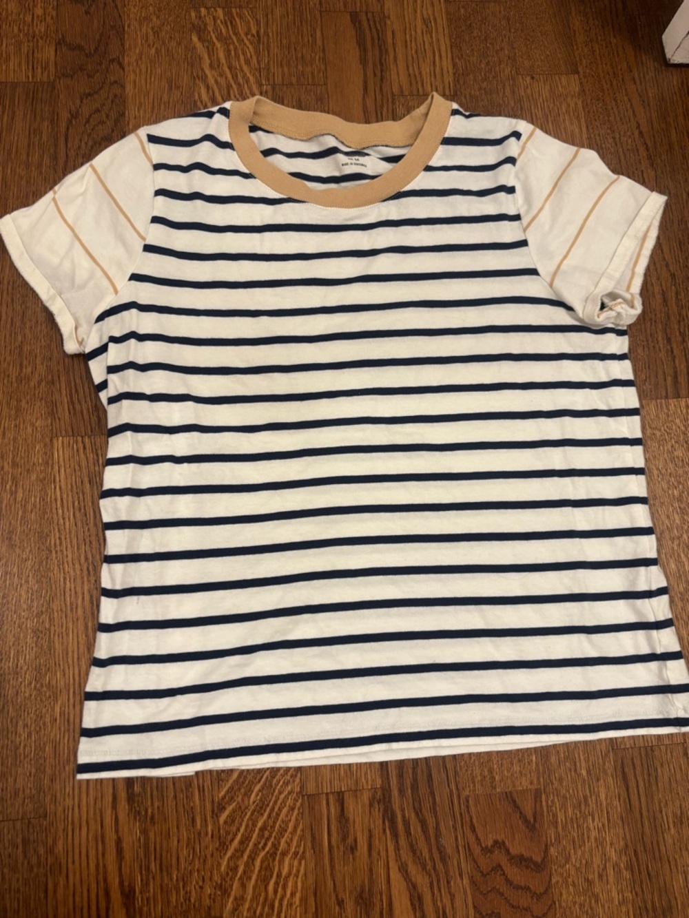 Madewell Navy and Cream Striped Tee with Tan Neckline